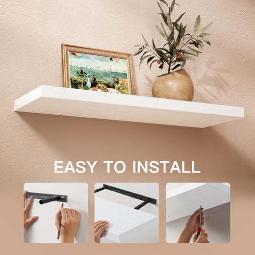 STOREMIC Floating Shelves, White Shelves with Length 60cm, Set of 2 Wall Shelves, Easy to Install Decorative Shelf with Large Storage for Bedroom, Bathroom, Home Office, Living Room - Image 6