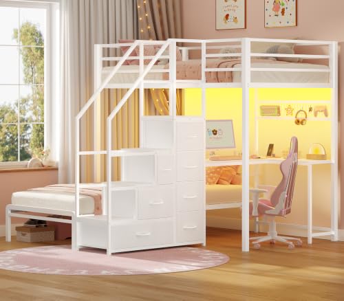 BTHFST Bunk Bed Twin Over Twin with L-Shaped Desk, Stairs, 7 Drawers, White