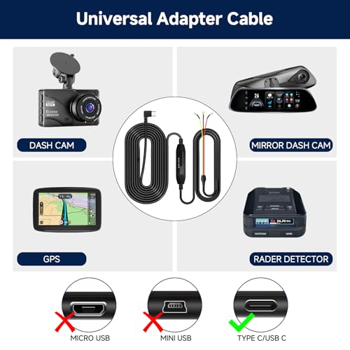 Image of Upgraded Dash Cam Hardwire Kit, Type-C USB 3-Lead Hard Wire Kit 12V-24V to 5V Hardwire Kit with Low Voltage Protection 11.5ft Charger Power Cord for GPS Dashcam Radar Detectors