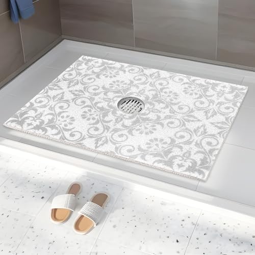 Image of Square Shower Mat Non Slip: 32 x 24 Inch Extra Large Shower Mats with Drain Hole in Middle - PVC Loofah Anti Slip Shower Floor Matt for Inside Shower