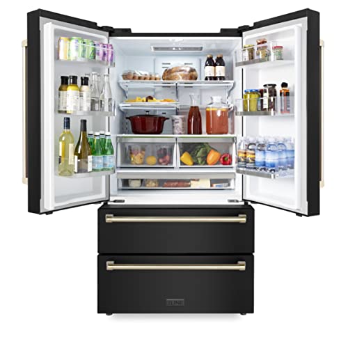 Z Line Kitchen And Bath Zline 36" Autograph Edition 22.5 Cu. Ft Freestanding French Door Refrigerator With Ice Maker In Fingerprint Resistant Black Stainless Steel With Gold Accents (Rfmz-36-Bs-G) #TOP4