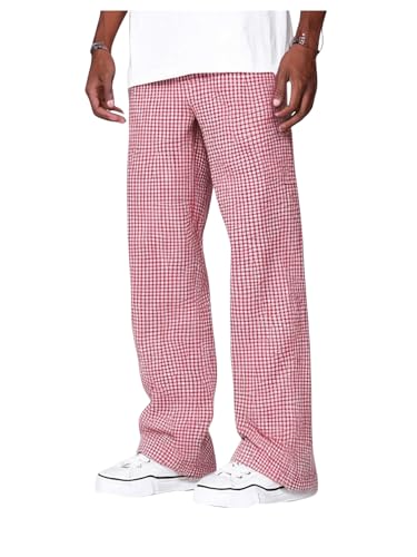 Men's Plaid Pants Checkered Drawstring Waist Casual Baggy Pants Trousers