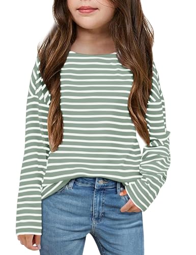 Fanway&EC Girls Casual Long Sleeve T Shirts Basic Crewneck Striped Tunic Blouses Tops Light Green
