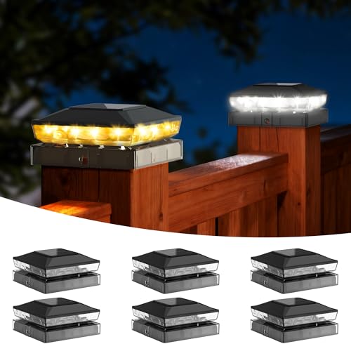 KEILAIMO Solar Post Cap Lights Outdoor, 6 Pack Upgraded Waterproof Deck Fence Post Solar Lights for 3.5x3.5 4x4 5x5 Vinyl/Wood Posts, 10-12 Hours Warm/Cool White Glow for Garden/Patio/Porch - Black