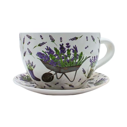 Dekohelden24 Blumentopf, Pflanztasse, Pflanzkübel, Pflanzgefäß, Blumenkübel, Pflanztopf. Übertopf als Tasse mit Griff aus Keramik, Motiv: Lavendel, L/B/H 25 x 23 x14 cm.