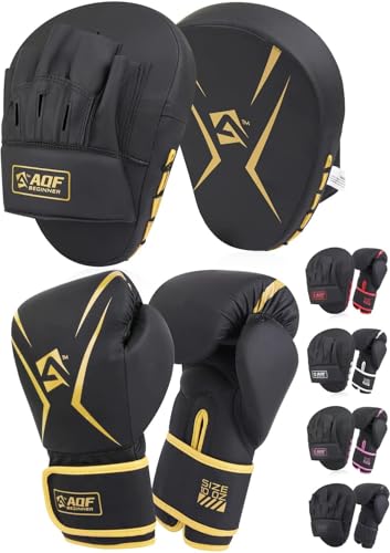 AQF Boxing Gloves and Pads - Adults & Kids Boxing-Set for Kickboxing & MMA Muay Thai Punching Glove with Curved Focus Pads for Martial Arts Training (Gold 14oz)