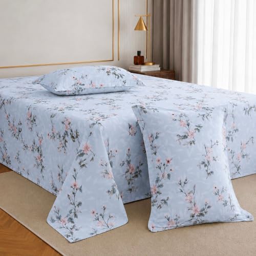 Image of Jaipur Weaves Bedsheet Queen Size 100% Pure Cotton Bed Sheet with 2 Pillow Covers, 240 TC Premium Bedding Set, 90x100 inch, Super Soft Cozy (Spring Tulips Blue)
