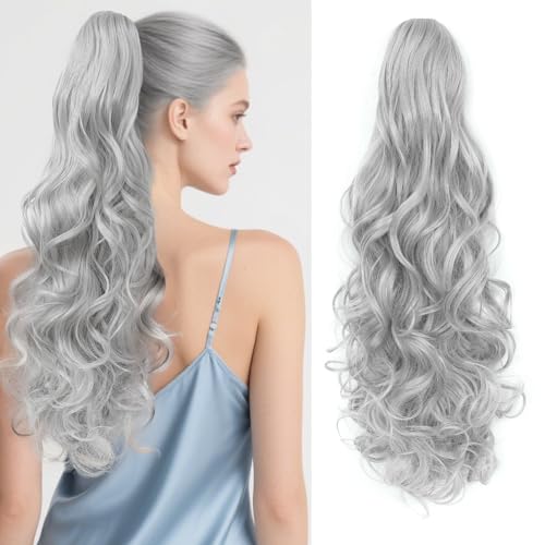 Image of 24 inch Ponytail Extension, Long Curly Wavy Claw Clip and Natural-Looking Synthetic Hairpiece, Voluminous Pony TailHair Extensions for Women Daily Wear. (Silver Grey, 24Inch)
