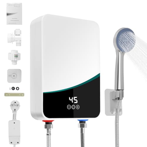 Mini chauffe-eau instantané, 230 V, électrique, avec affichage de la température LCD, chauffe-eau instantané, petit pour lave-main, cuisine, salle de bain, lavabo 5500 W avec kit de douche