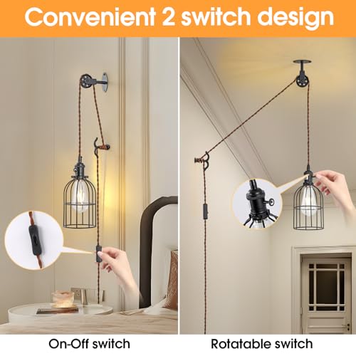 Image of Plug in Pendant Light Set of 2,Industrial Hanging Lamps that Plug into Wall Outlet,Farmhouse Pulley Pendant Light with Plug in Cord, Wall Lamps for Bedroom Living Room Kitchen.