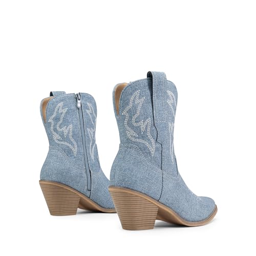 DREAM PAIRS DREAM PAIRS Women's Cowboy Ankle Boots Western Booties Low Heel Pointed Toe Cowgirl Boots,Size 6,Denim Blue,SDAB2302W