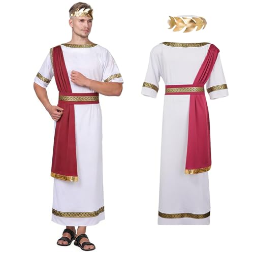 FainFun Römischer Kaiser Kostüm Kostüm Cäsar mit roter Schärpe und Goldenem Haarband Weißer Robe für Weihnachten Halloween Ostern Party Cosplay