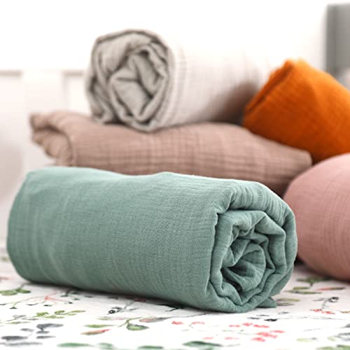 Image of GRSSDER 100% Cotton Muslin Crib Sheet 2 Pack - Breathable & Ultra-Soft Fitted Crib Sheets for Standard Baby & Toddler Mattresses, 52 inchx28 inch with 9 inch Deep Pocket, Snug Fit All-Around Elastic