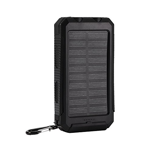 Solar Power Bank, Plastic + Silicone Material Charger Power Bank with Compass for Sport for Travel for Outdoor Fast Charge Solar Power Bank with A Metal Hook(Black+Black)