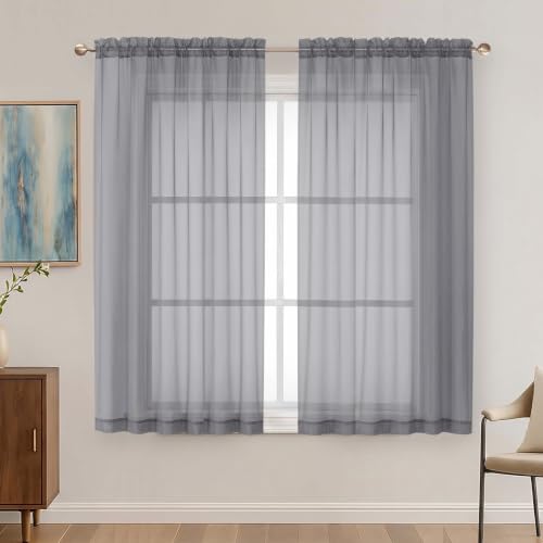 Image of OVZME Charcoal Grey Sheer Curtains 63 Inches Long 2 Panels Set, Light Filtering Sheer Curtains for Living Room Bedroom 59 Inch Extra Wide, Modern Voile Filmy Rod Pocket Window Drapes, 59Wx63L Inches