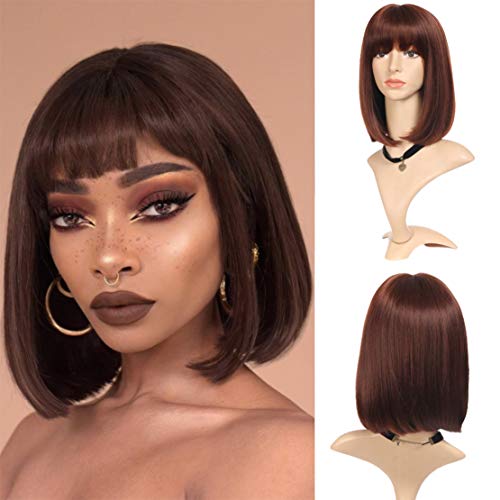 Short Bob Hair Wigs with Bangs for Black Women Brown color Women's Straight Synthetic Shoulder Length Full Hair Wigs Cosplay