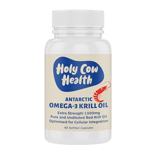 Krill Oil Capsules by Holy Cow Health - Extra Strength 1,500mg Pure Omega-3 Red Krill Oil from the Antarctic Ocean - Optimised for Cellular Integration