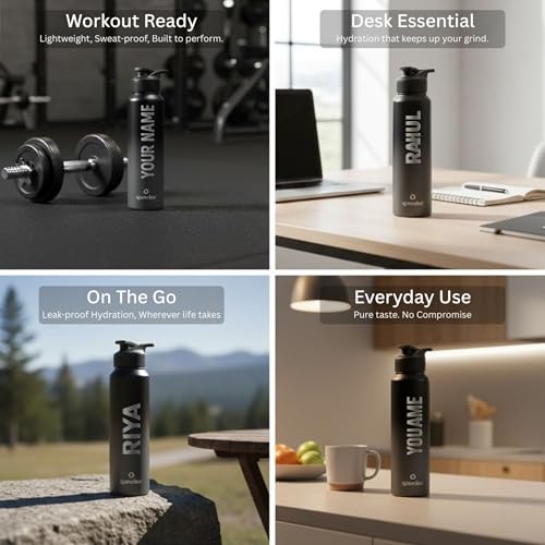 Image of Speedex Customised Stainless Steel Water Bottle 1 Ltr with Name - Personalised Engraved Sipper Cap Bottle for Kids, Men & Women, School, Gym, Office Black Grey, Set of 1