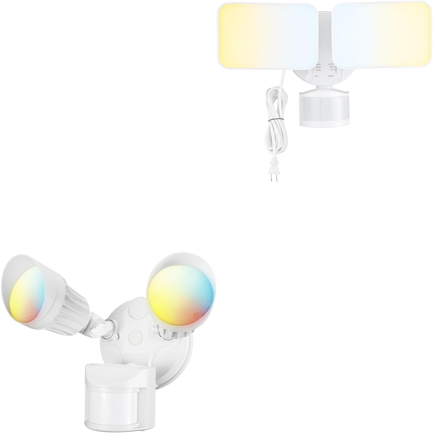 LEONLITE 3CCT LED Security Light, Motion Sensor Flood Lights Outdoor, Aluminum, IP65, Adjustable 2-Head, ETL Listed, White Bundle 25W 3CCT Plug in LED Security Light Motion Sensor, ETL Listed, White