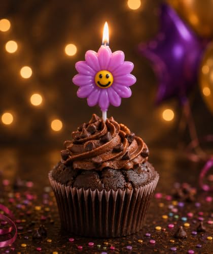 Image of Smiley Flower Birthday Candles for Cake Decoration, Pack of 5, flower Shape Decorative Cake Candles, Natural Wax Party Candles for Birthday, Anniversary, Baby Shower & Celebration (PURPLE)