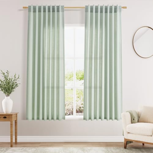 Image of Aqua Green Linen Curtains 63 Inches Long 2 Panel Sets for Living Room Bedroom Rod Pocket Back Tab Light Filtering Drape for Kitchen Window Short Protect Privacy Curtain Modern Farmhouse Decor 52x63