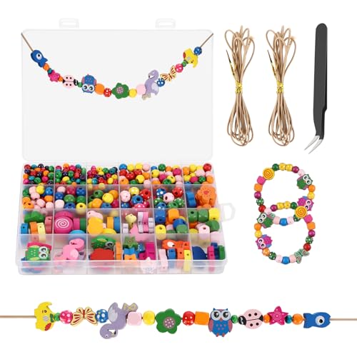 Exsink Lot de 400 perles en bois colorées à enfiler,Bois Multicolores,Perles en bois avec trou à enfiler,mit Elastiches Seile,Kit Fabrication Perles pour...