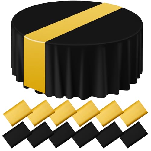 EOGRFW Lot de 12 nappes rondes en plastique et chemin de table en satin (noir)