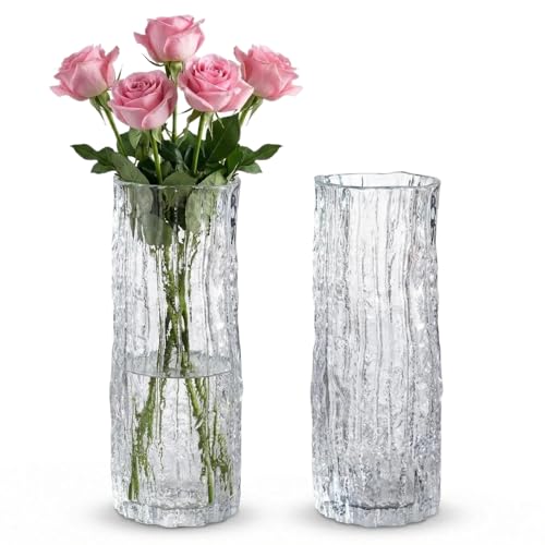 Image of Vases, Set of 2 Glass Flower Vase, Tall Crystal Flower Vase, Decorative Modern Clear Vase for Centerpiece, for Centerpieces Living Room, Entryway, Bedroom, Wedding, Office