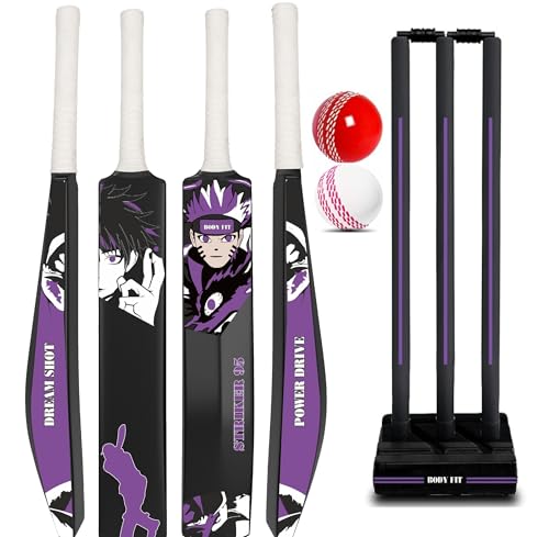 Image of Bodyfit Premium T-20 Cricket Bat for Men, Women & Children | Lightweight| Full Size| | Hard Plastic Bat | Cricket Wicket Set l 3 Stumps+2 Bails+1 Stand Set, 2 Balls, S-95 Purple WG.