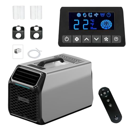 Aire acondicionado portátil 12V 24V 5000 BTU para camping y caravana, aire acondicionado portátil pequeño con compresor DC real, enfriamiento silencioso con deshumidificador y control remoto Gray