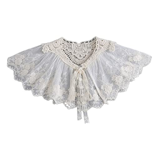 Women Embroidery Floral Lace Shawl Detachable False Collar Pleated Large Scarf Lace-Up Bowknot Elegant Capelet