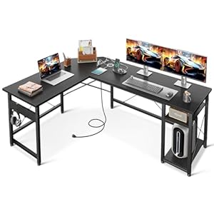 Coleshome L Shaped Computer Desk 59″ with Power Outlet, Corner Desk Workstation with Storage Shelves, Modern Wooden Office Gaming Desk, Wood & Metal PC Desk, Black