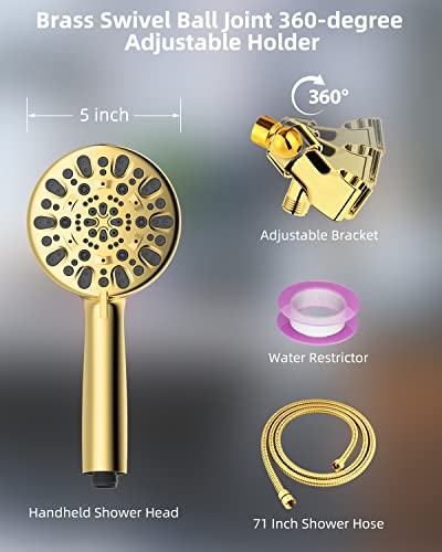 Hibbent Handheld Shower Head, High Pressure 7-Setting Shower Head, 5'' Polished Brass Face, 71-Inch Stainless Steel Shower Hose, Adjustable Bracket, 7 Functions Powerful Gold Shower Spray Head Set #TOP4