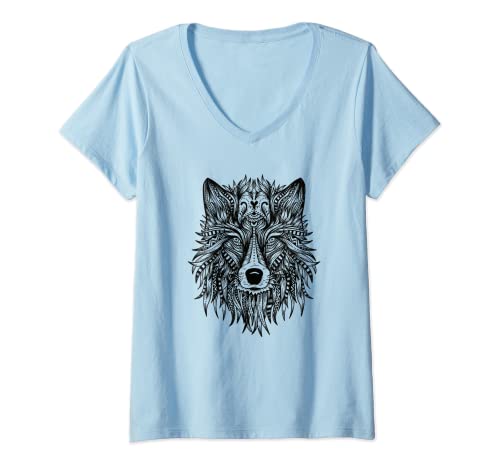 Femme Mandala Wolf Chemise Yoga Namaste Amérindien Shamanic T-Shirt avec Col en V