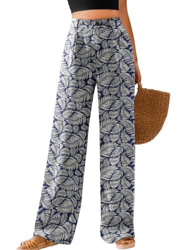 Image of Feiersi Womens Casual Wide Leg Pants High Waisted Button Down Straight Long Trousers Palazzo Pants