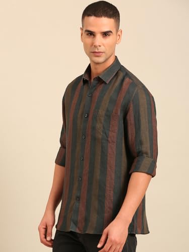Image of Linen Club Men's Full Sleeve Checked Regular fit Pure Linen Casual Shirt