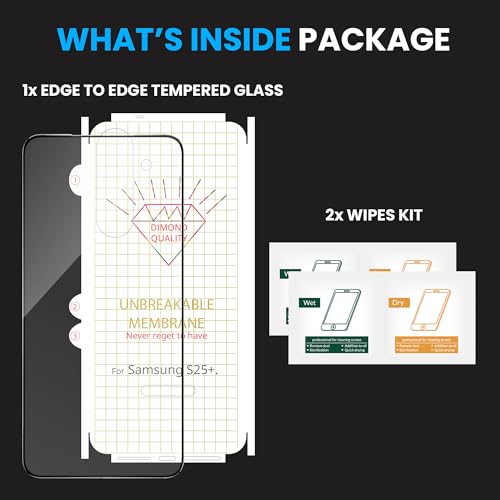 Image of ArmourPro Tempered Glass Screen Protector for Samsung Galaxy S25 Plus 5G (6.7 Inch) With Back Nano Membrane, Edge-to-Edge Protector Coverage With Easy Cleaning Kit | Black