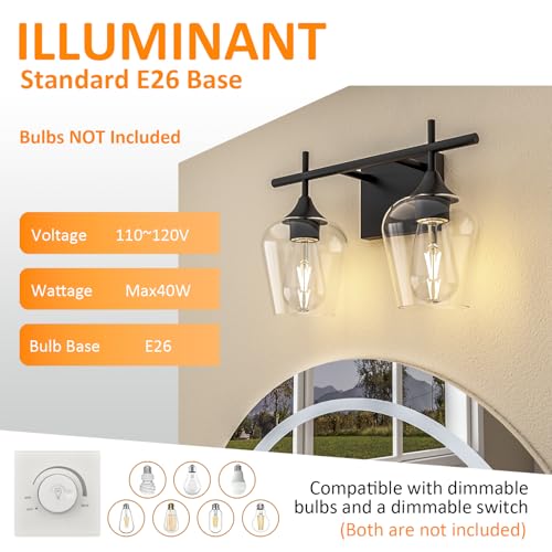 Image of Vanity Bathroom Light, 2-Light Bathroom Light Fixtures Over Mirror, Black Vanity Lights for Bathroom with Clear Glass, Modern Wall Lamp for Cabinet Hallway, Bedroom