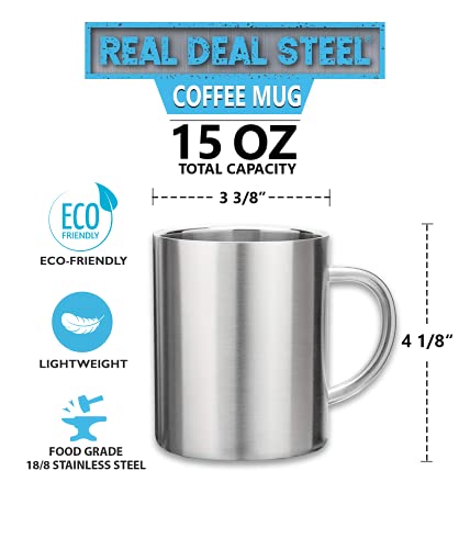 Stainless Steel Double Walled Mugs: 100% Bpa Free,15 Oz Metal Coffee & Tea Cup Mug - Insulated Cups With Handles Keep Drinks Hot Or Cold Longer - Durable For Camping - Set Of 2 Shatter Proof Mugs #TOP3