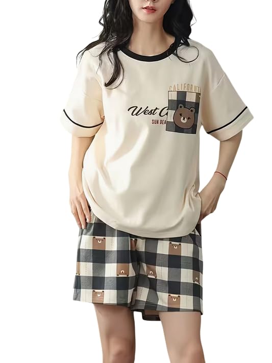 Lunza Women’s Cotton Blend Pajama Set, Short Sleeve T-Shirt and Shorts, Cute Bear Print Nightwear