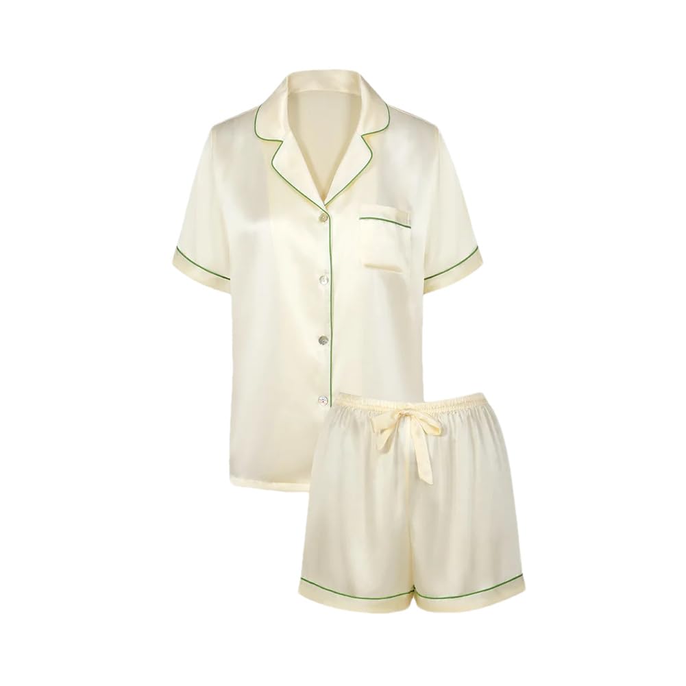 Womens Mulberry Silk Pajamas Set Short Sleeved Shirts and Shorts Set 2Pcs Silk Lounge Wear Beige X Small
