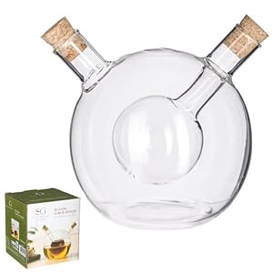 Decopatent 2in1 Olie en Azijnstel glas – Bolvorm met kurken – Glazen Azijnfles & Oliefles in 1 – Oil and Vinegar – 11.5×11.5×12.5