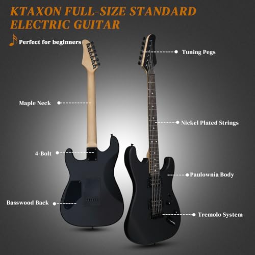 Image of Ktaxon 39 Inch Solid Body Electric Guitar with H-H Pickup, Matte Black | 6 Strings Guitarra Electrica with Gig Bag, Strap, Whammy Bar, Maple Neck for Beginners & Musicians, Rock Metal, Right Hand