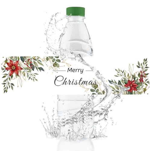 URROMA 50Pcs Merry Christmas Water Bottle Labels Red Christmas Flower Water Bottle Stickers Waterproof Drinks Wrappers for Christmas Party Favors Decor