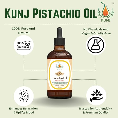 Image of KUNJ Pistachio Carrier Oil (Pistacia vera) 100ML - 100% Pure & Natural, Cold Pressed - Therapeutic Grade Oil for Skin Nourishment, Hair Care & Moisturizing