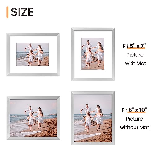Image of upsimples 8x10 Picture Frame Set of 5, Display Pictures 5x7 with Mat or 8 x 10 Withou, Wall Gallery Photo Frames, Silver