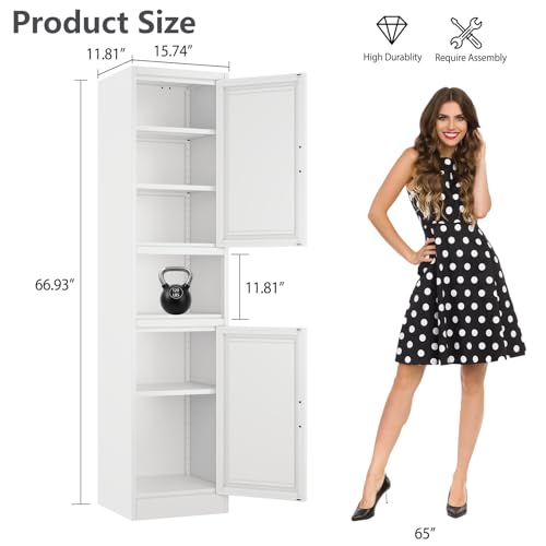Image of Tall Narrow Pantry Cabinet for Kitchen, 67 inch H Metal Storage Cabinets with Doors and 3 Adjustable Shelves for Dining Room, Living Room and Home Office (16 inches Wide White)