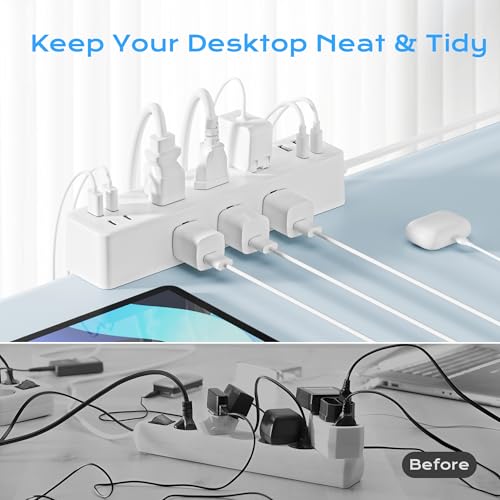 Image of Flat Plug Desk Clamp Power Strip 10FT, 40W Total Fast Charging Station, 2 PD20W USB C Ports, Desk Edge Mount Power Strip 9 AC Outlets 8 USB Ports Surge Protector, Fit 1.7 inch Tabletop Edge, White