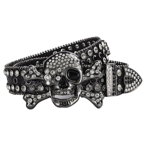 Rhinestone Skull Studded Genuine Leather Belt Men Gothic Bling Diamond Crystal Jeans Punk Black