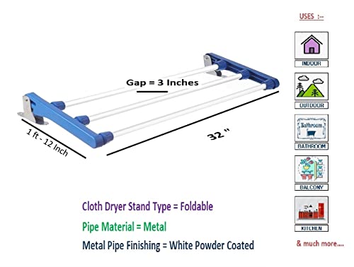 Image of Dhani Creations Mild Steel Wall Mounted Foldable Drying Rack Stand - 3 Pipe X 2 Feet /24 inches (Blue, 2 feet 8 inches)(Alloy Steel)